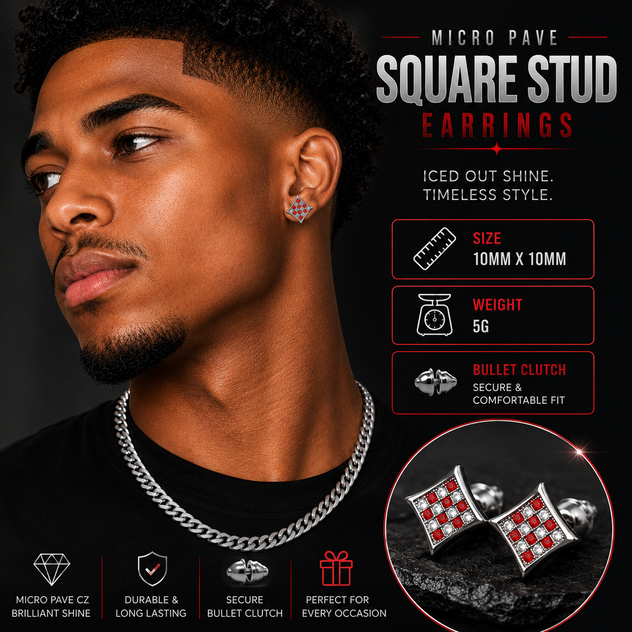 Hip Hop M Square Stud Earrings – AAA+ CZ Mounted Silver-Clear-Red Iced Out Earrings for Men & Women | Fashion Jewelry