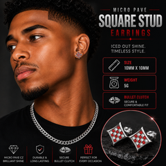 Hip Hop M Square Stud Earrings – AAA+ CZ Mounted Silver-Clear-Red Iced Out Earrings for Men & Women | Fashion Jewelry