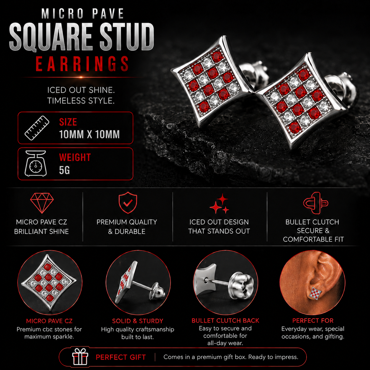 Hip Hop M Square Stud Earrings – AAA+ CZ Mounted Silver-Clear-Red Iced Out Earrings for Men & Women | Fashion Jewelry
