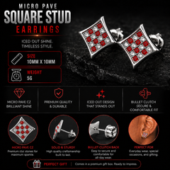 Hip Hop M Square Stud Earrings – AAA+ CZ Mounted Silver-Clear-Red Iced Out Earrings for Men & Women | Fashion Jewelry