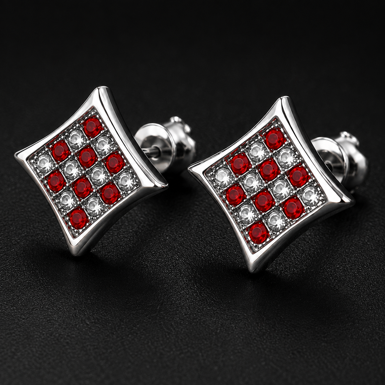Hip Hop M Square Stud Earrings – AAA+ CZ Mounted Silver-Clear-Red Iced Out Earrings for Men & Women | Fashion Jewelry