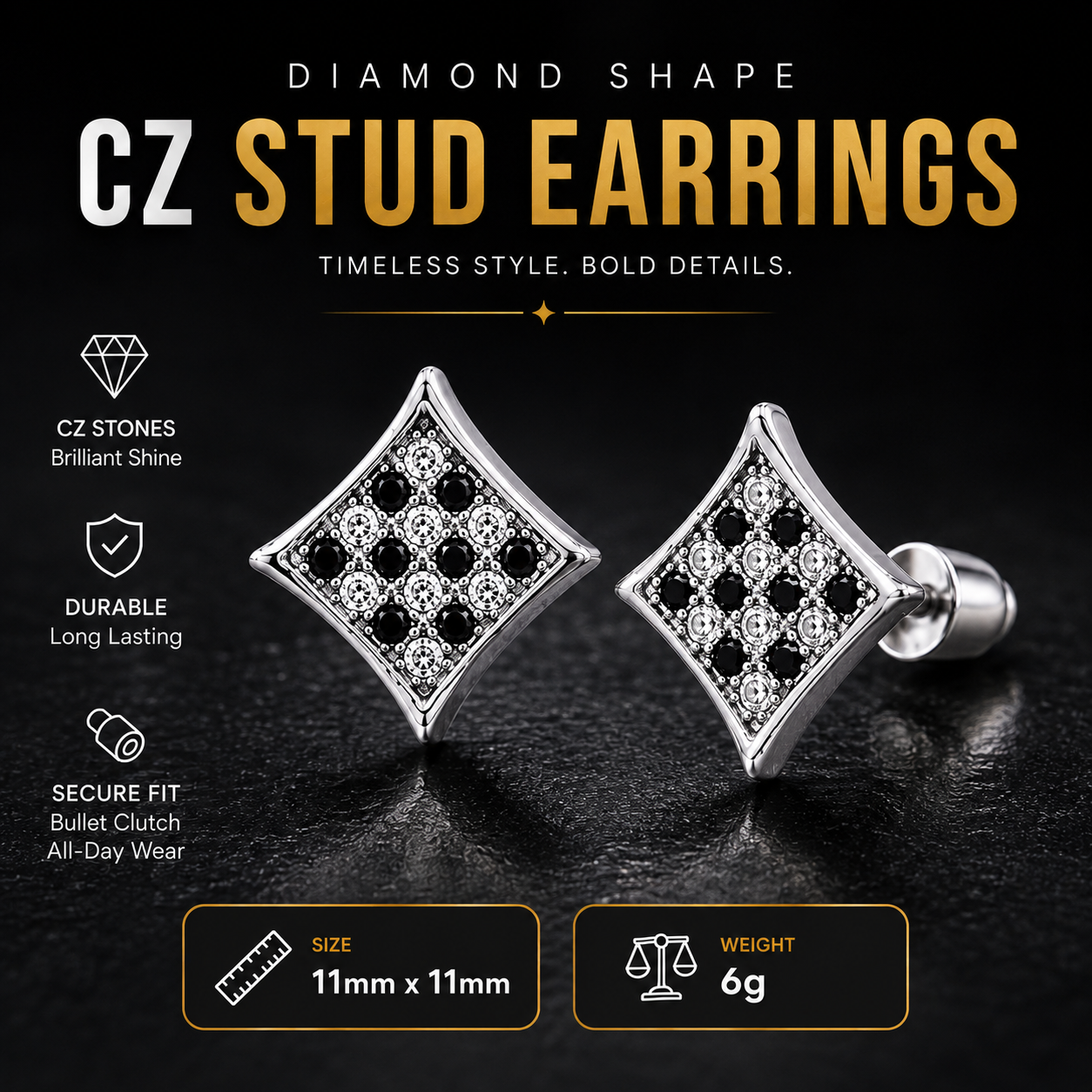 Hip Hop M Square Stud Earrings – AAA+ CZ Mounted Silver-Clear-Black Iced Out Earrings for Men & Women | Fashion Jewelry