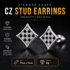 Hip Hop M Square Stud Earrings – AAA+ CZ Mounted Silver-Clear-Black Iced Out Earrings for Men & Women | Fashion Jewelry