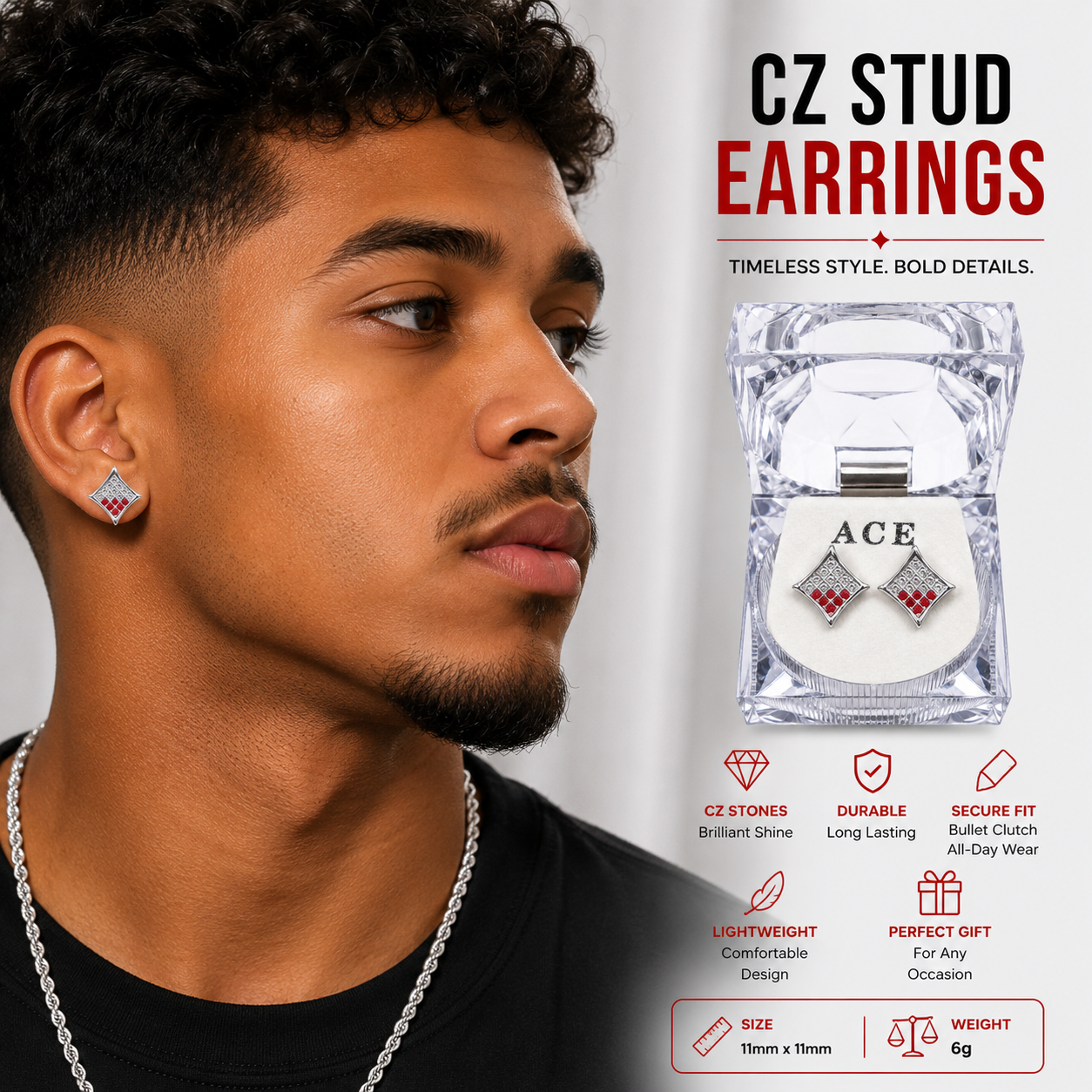 Hip Hop M Square Stud Earrings – AAA+ CZ Mounted Silver-Clear-Red Iced Out Earrings for Men & Women | Fashion Jewelry (Copy)