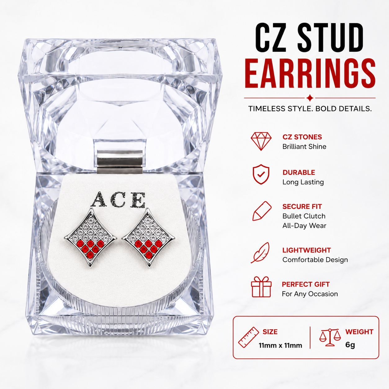Hip Hop M Square Stud Earrings – AAA+ CZ Mounted Silver-Clear-Red Iced Out Earrings for Men & Women | Fashion Jewelry (Copy)