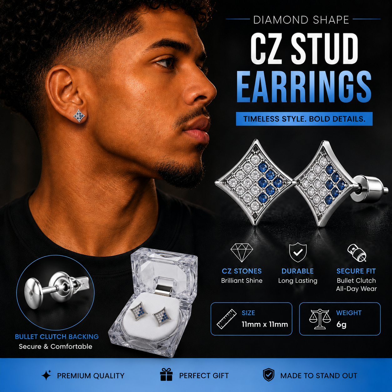 Hip Hop M Square Stud Earrings – AAA+ CZ Mounted Silver-Clear-Blue Iced Out Earrings for Men & Women | Fashion Jewelry (Copy) (Copy)