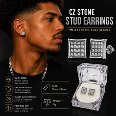 Hip Hop M Square Stud Earrings – AAA+ CZ Mounted Silver-Clear Iced Out Earrings for Men & Women | Fashion Jewelry (Copy) (Copy) (Copy)
