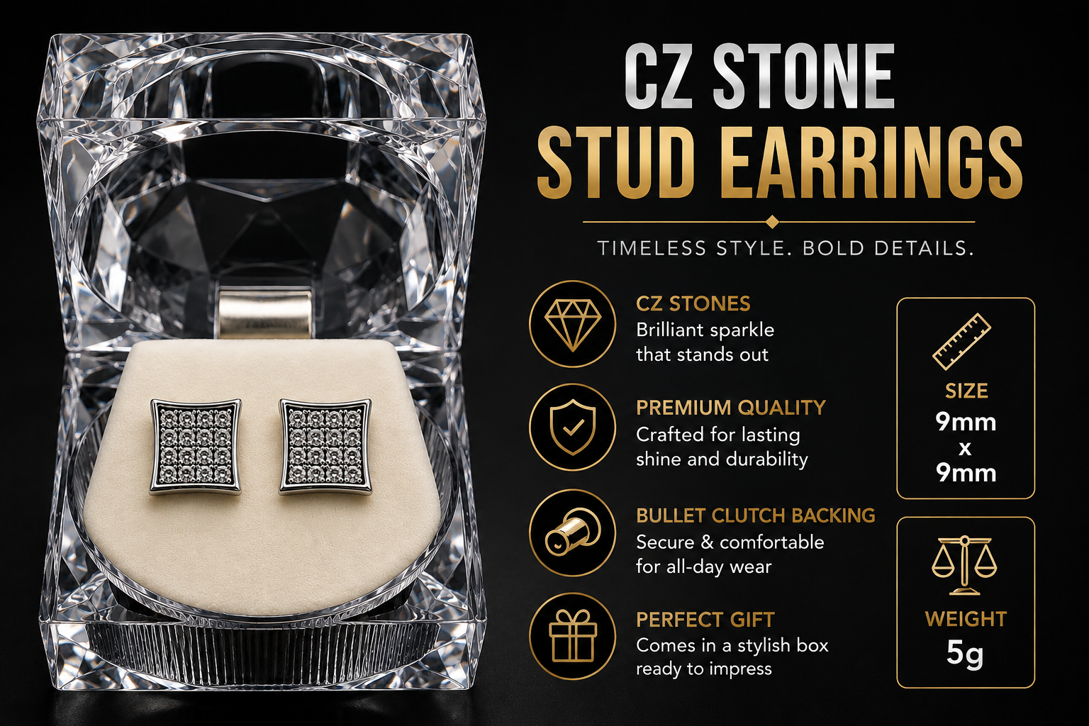 Hip Hop M Square Stud Earrings – AAA+ CZ Mounted Silver-Clear Iced Out Earrings for Men & Women | Fashion Jewelry (Copy) (Copy) (Copy)