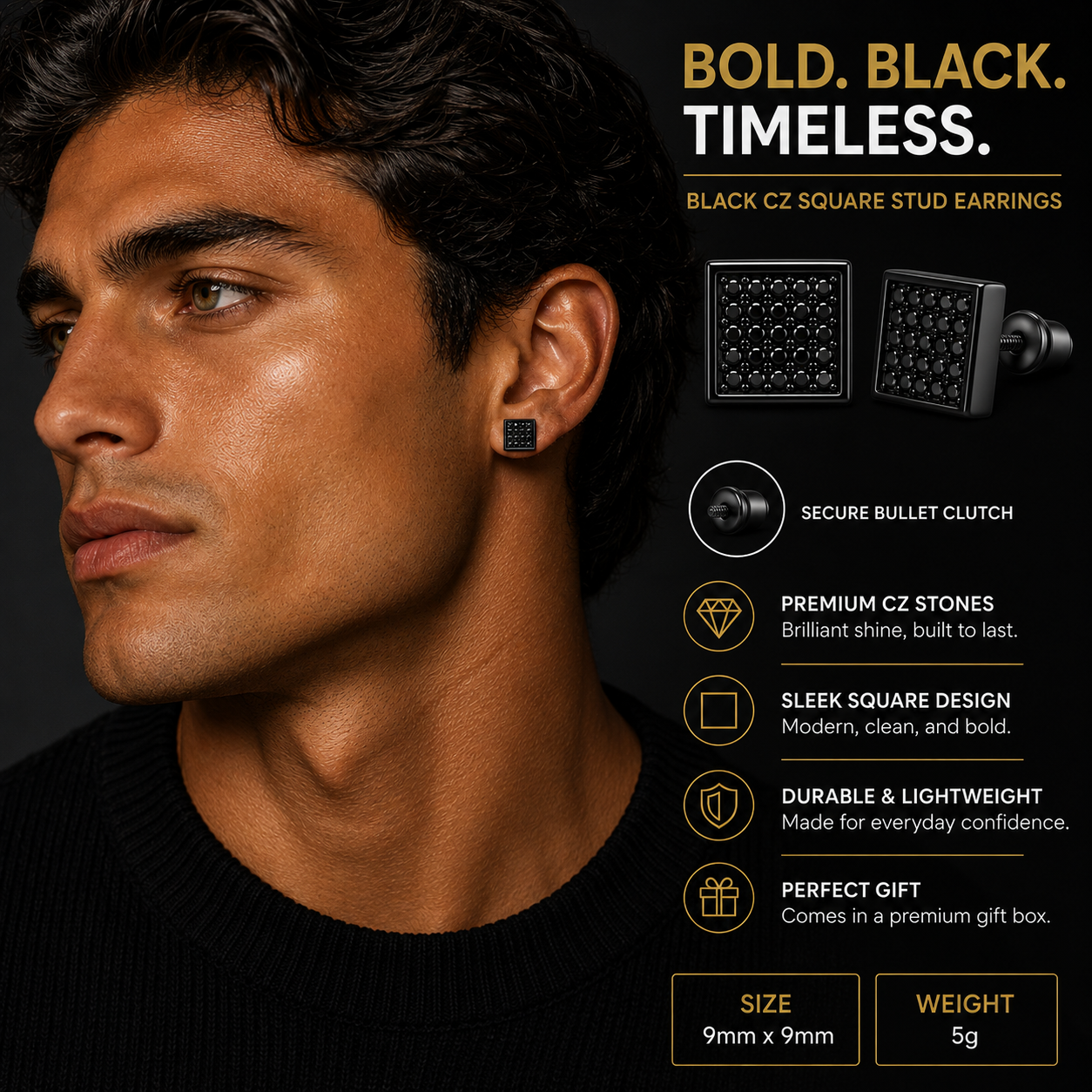Hip Hop M Square Stud Earrings – AAA+ CZ Mounted Black-Black Iced Out Earrings for Men & Women | Fashion Jewelry (Copy) (Copy) (Copy) (Copy)