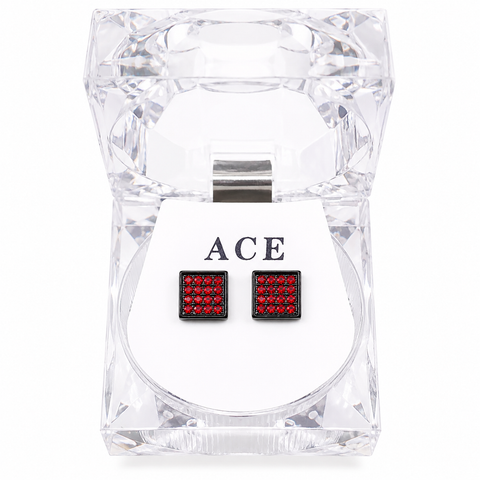 Hip Hop M Square Stud Earrings – AAA+ CZ Mounted Black-RED Iced Out Earrings for Men & Women | Fashion Jewelry