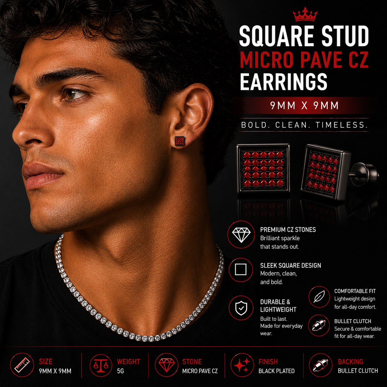 Hip Hop M Square Stud Earrings – AAA+ CZ Mounted Black-RED Iced Out Earrings for Men & Women | Fashion Jewelry