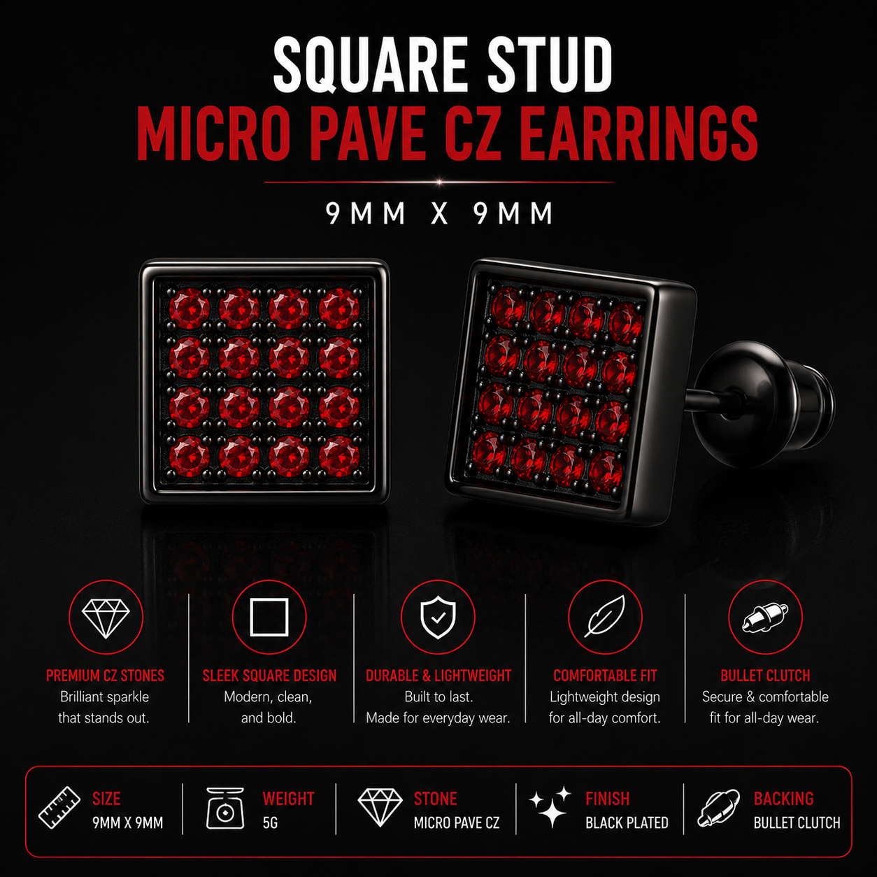 Hip Hop M Square Stud Earrings – AAA+ CZ Mounted Black-RED Iced Out Earrings for Men & Women | Fashion Jewelry