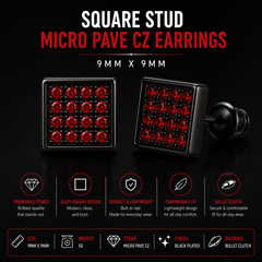 Hip Hop M Square Stud Earrings – AAA+ CZ Mounted Black-RED Iced Out Earrings for Men & Women | Fashion Jewelry