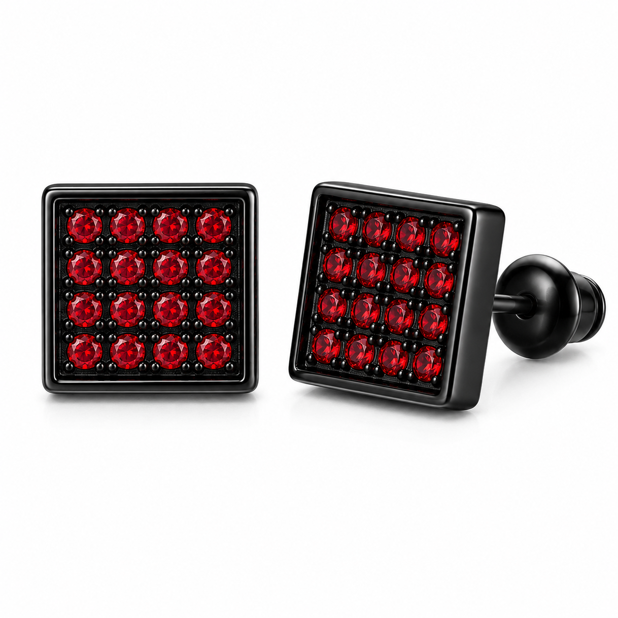 Hip Hop M Square Stud Earrings – AAA+ CZ Mounted Black-RED Iced Out Earrings for Men & Women | Fashion Jewelry