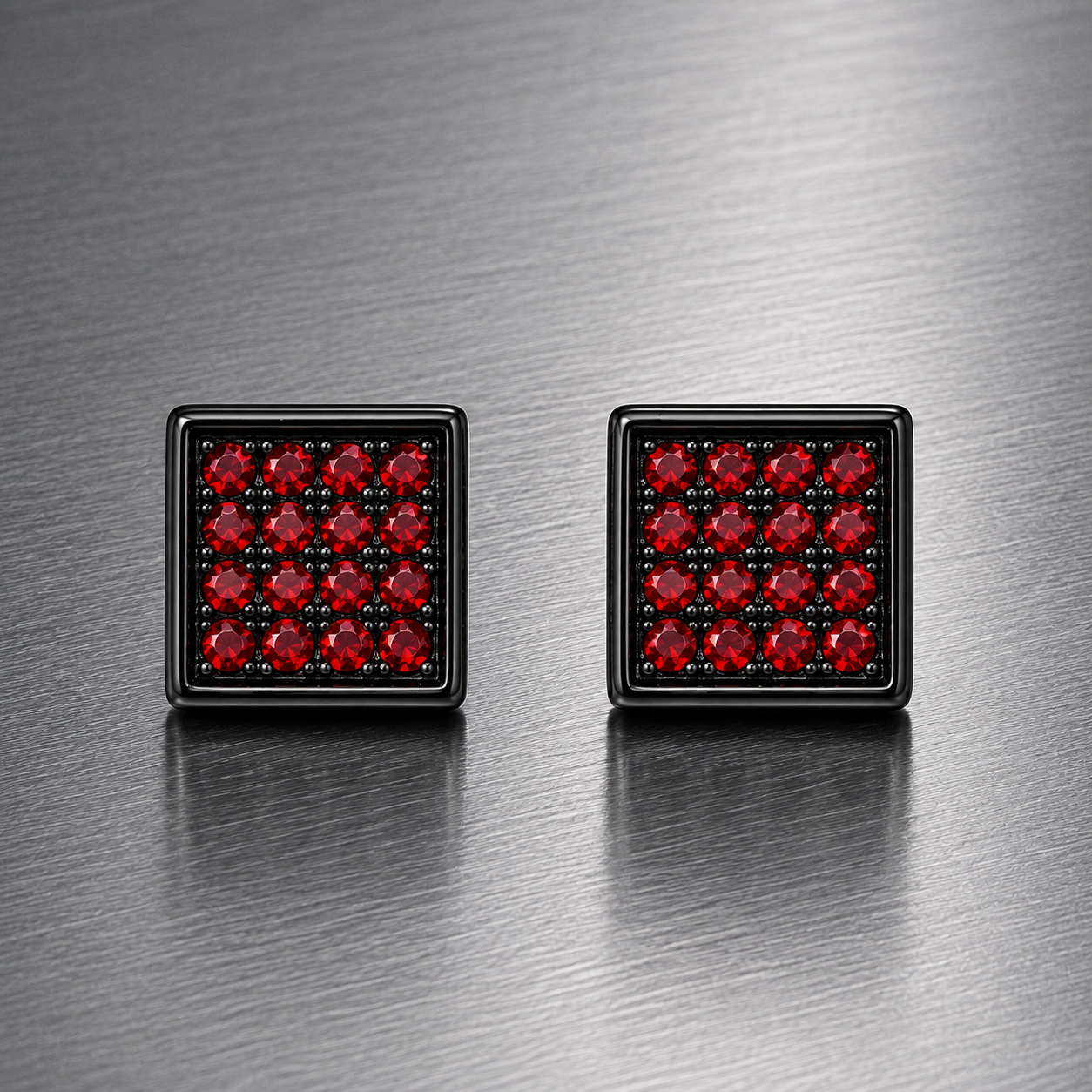 Hip Hop M Square Stud Earrings – AAA+ CZ Mounted Black-RED Iced Out Earrings for Men & Women | Fashion Jewelry