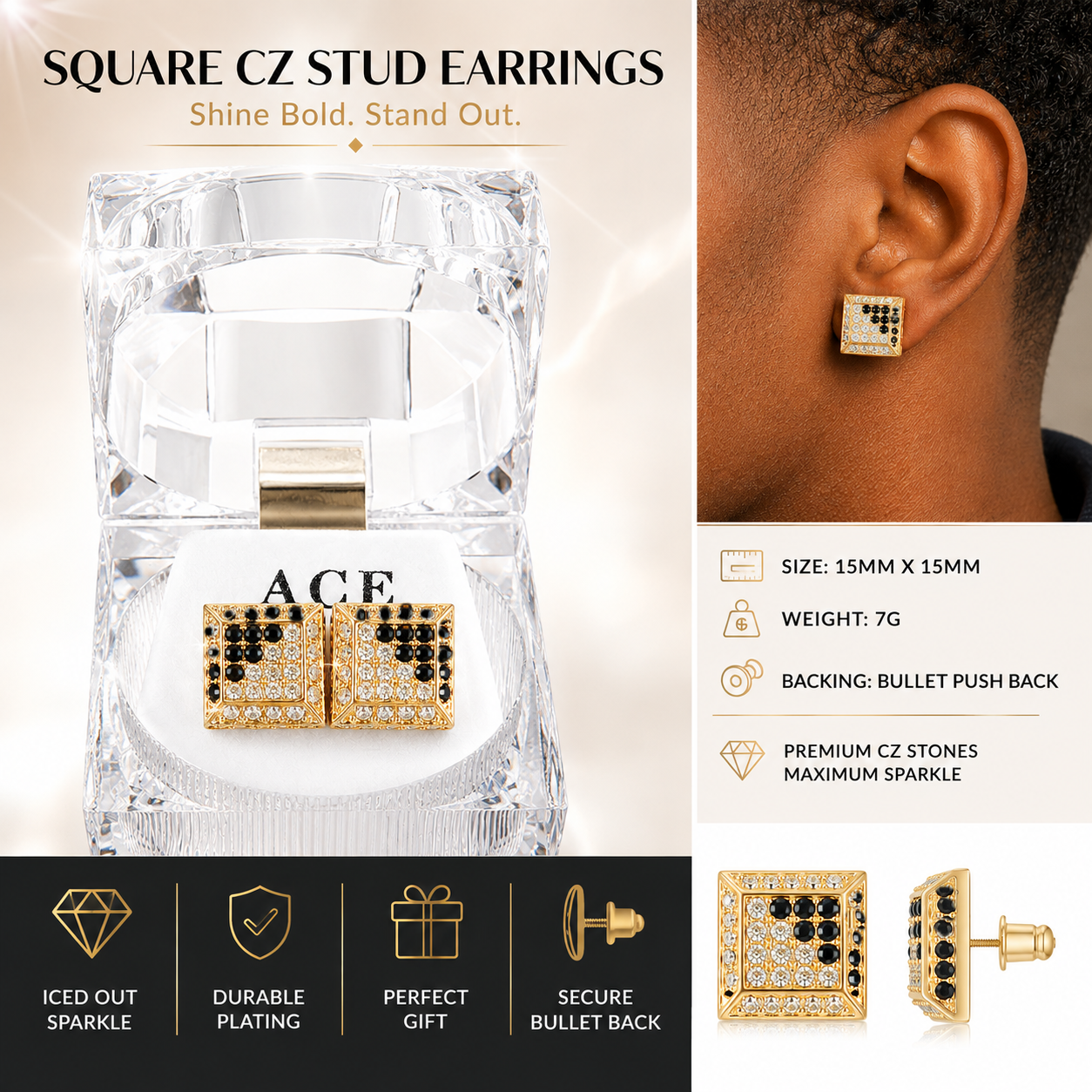 Hip Hop L Square Stud Earrings – AAA+ CZ Mounted Gold Clear/Black Iced Out Earrings for Men & Women | Fashion Jewelry