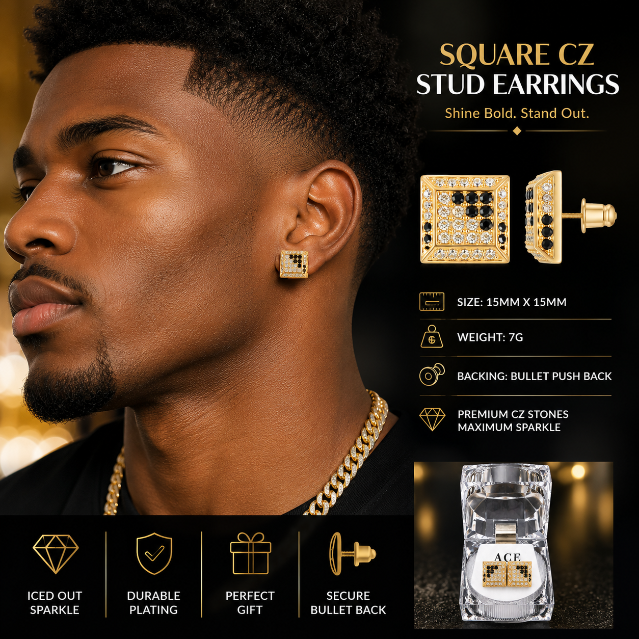 Hip Hop Square Stud Earrings – AAA+ CZ Mounted Gold Clear/Black Iced Out Earrings for Men & Women | Fashion Jewelry