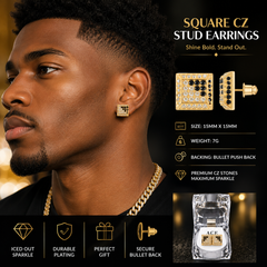 Hip Hop L Square Stud Earrings – AAA+ CZ Mounted Gold Clear/Black Iced Out Earrings for Men & Women | Fashion Jewelry