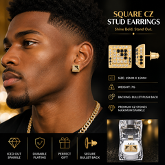 Hip Hop Square Stud Earrings – AAA+ CZ Mounted Gold Clear/Black Iced Out Earrings for Men & Women | Fashion Jewelry