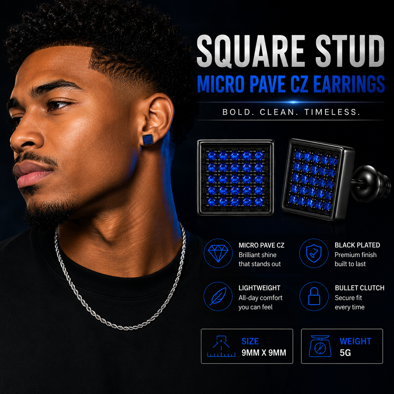 Hip Hop M Square Stud Earrings – AAA+ CZ Mounted Black-Blue Iced Out Earrings for Men & Women | Fashion Jewelry