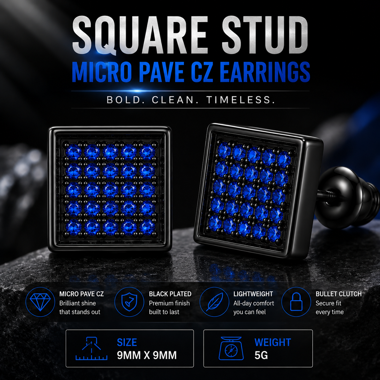 Hip Hop M Square Stud Earrings – AAA+ CZ Mounted Black-Blue Iced Out Earrings for Men & Women | Fashion Jewelry