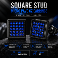 Hip Hop M Square Stud Earrings – AAA+ CZ Mounted Black-Blue Iced Out Earrings for Men & Women | Fashion Jewelry