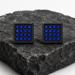 Hip Hop M Square Stud Earrings – AAA+ CZ Mounted Black-Blue Iced Out Earrings for Men & Women | Fashion Jewelry