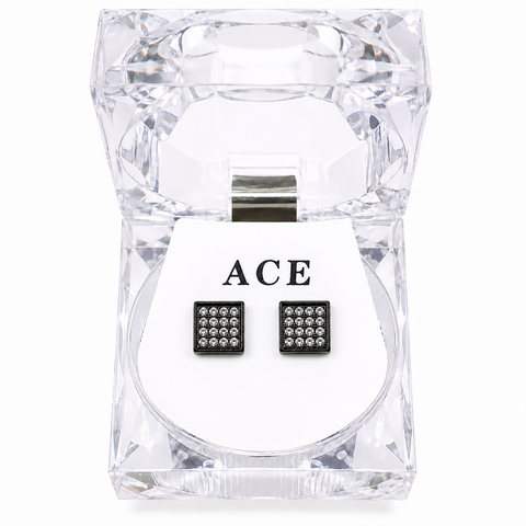 Hip Hop M Square Stud Earrings – AAA+ CZ Mounted Black-Clear Iced Out Earrings for Men & Women | Fashion Jewelry