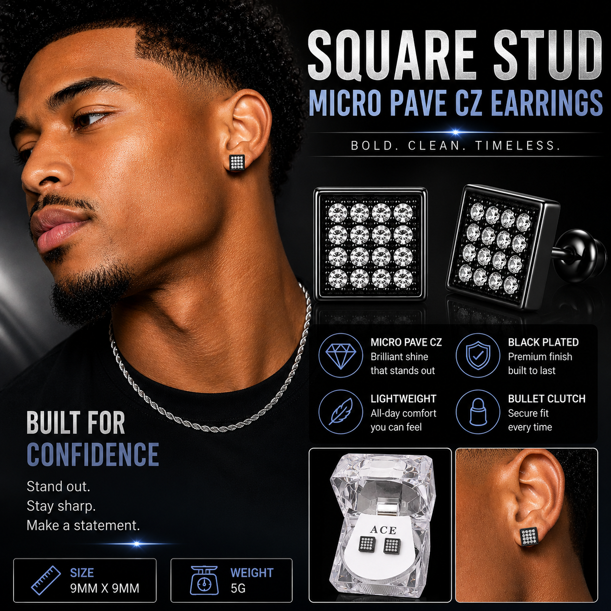 Hip Hop M Square Stud Earrings – AAA+ CZ Mounted Black-Clear Iced Out Earrings for Men & Women | Fashion Jewelry