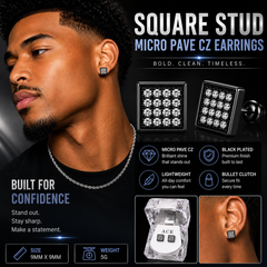 Hip Hop M Square Stud Earrings – AAA+ CZ Mounted Black-Clear Iced Out Earrings for Men & Women | Fashion Jewelry