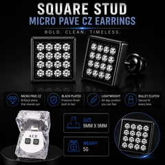 Hip Hop M Square Stud Earrings – AAA+ CZ Mounted Black-Clear Iced Out Earrings for Men & Women | Fashion Jewelry