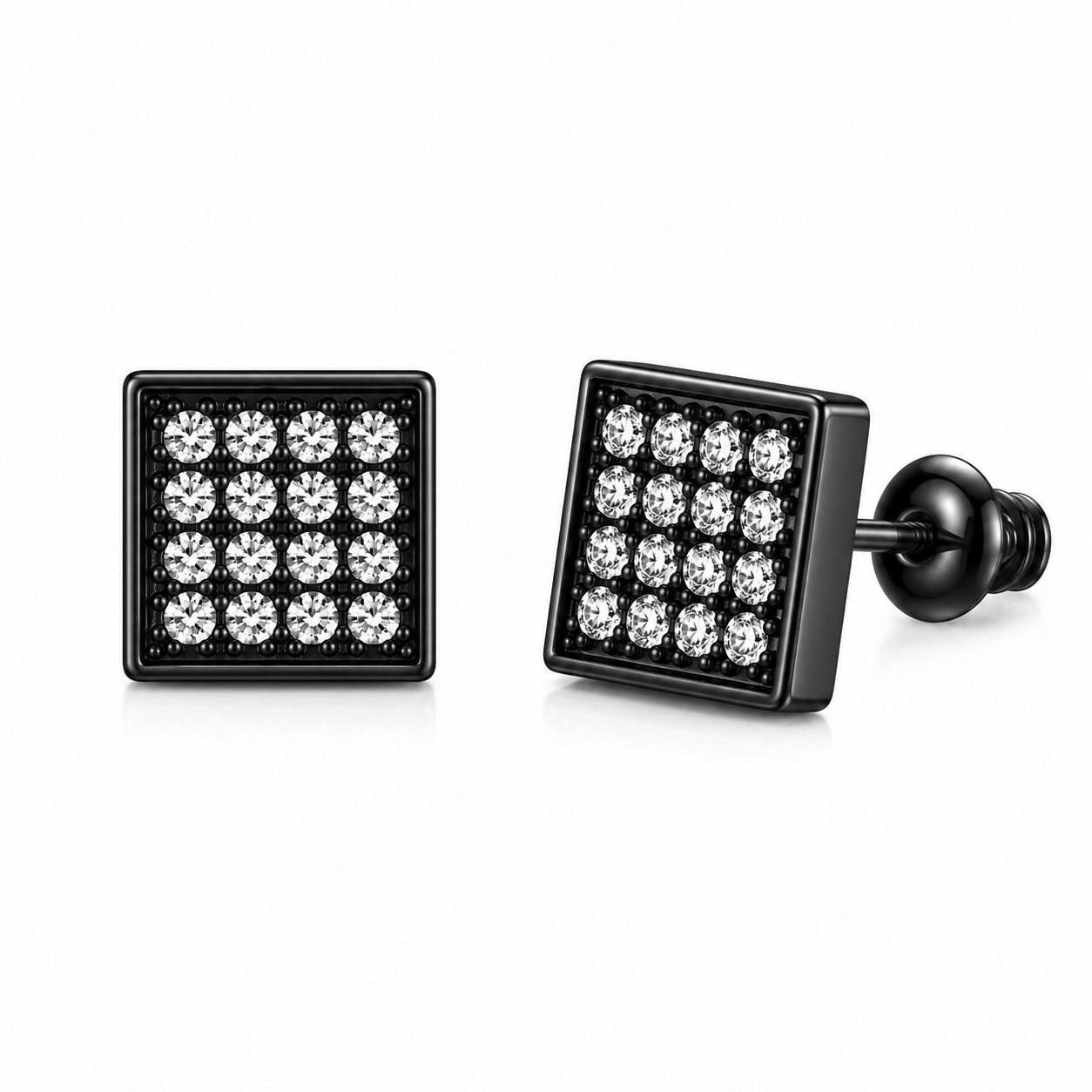 Hip Hop M Square Stud Earrings – AAA+ CZ Mounted Black-Clear Iced Out Earrings for Men & Women | Fashion Jewelry
