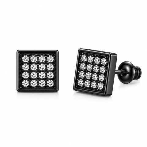 Hip Hop M Square Stud Earrings – AAA+ CZ Mounted Black-Clear Iced Out Earrings for Men & Women | Fashion Jewelry