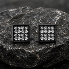 Hip Hop M Square Stud Earrings – AAA+ CZ Mounted Black-Clear Iced Out Earrings for Men & Women | Fashion Jewelry