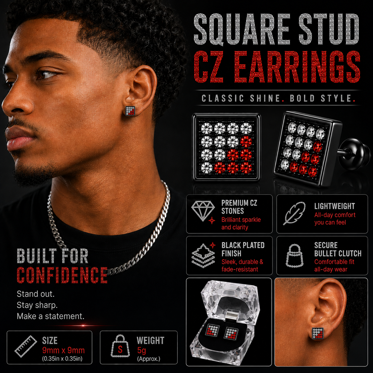 Hip Hop M Square Stud Earrings – AAA+ CZ Mounted Black-Clear-Red Iced Out Earrings for Men & Women | Fashion Jewelry
