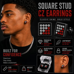 Hip Hop M Square Stud Earrings – AAA+ CZ Mounted Black-Clear-Red Iced Out Earrings for Men & Women | Fashion Jewelry