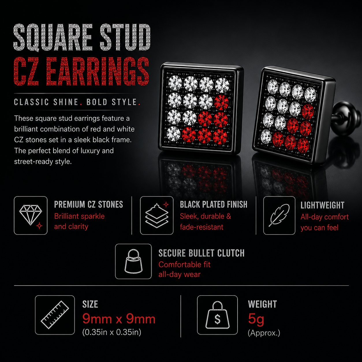 Hip Hop M Square Stud Earrings – AAA+ CZ Mounted Black-Clear-Red Iced Out Earrings for Men & Women | Fashion Jewelry