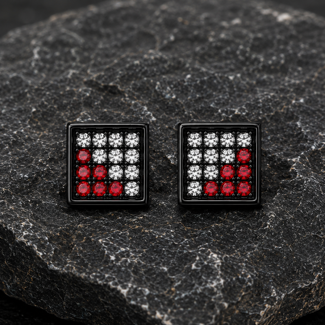 Hip Hop M Square Stud Earrings – AAA+ CZ Mounted Black-Clear-Red Iced Out Earrings for Men & Women | Fashion Jewelry
