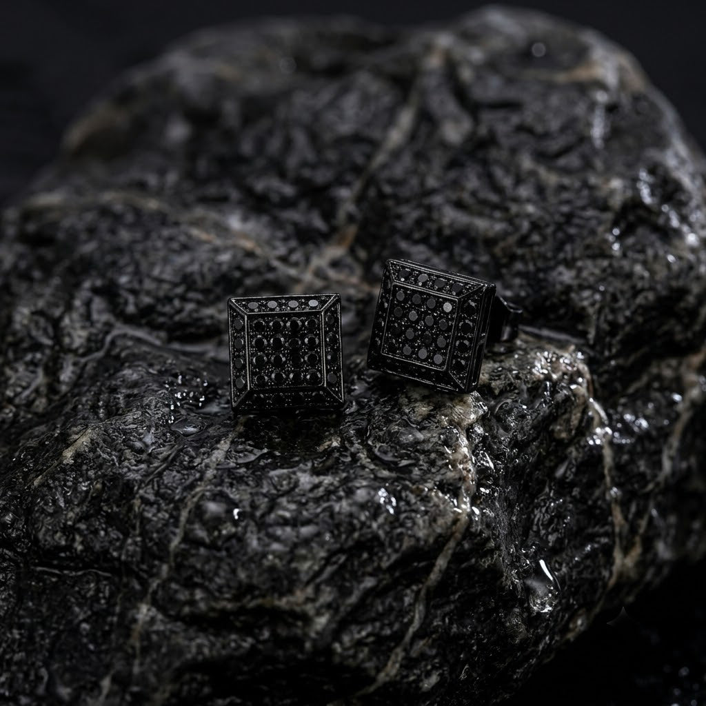 Hip Hop L Square Stud Earrings – AAA+ CZ Mounted BLACK Iced Out Earrings for Men & Women | Fashion Jewelry
