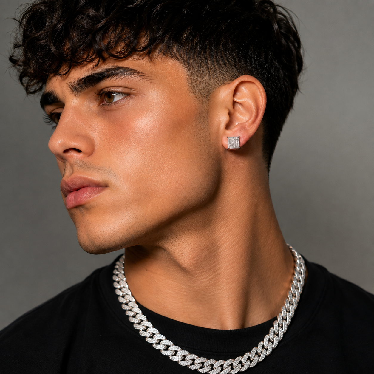 Hip Hop M Square Stud Earrings – AAA+ CZ Mounted Silver Iced Out Earrings for Men & Women | Fashion Jewelry