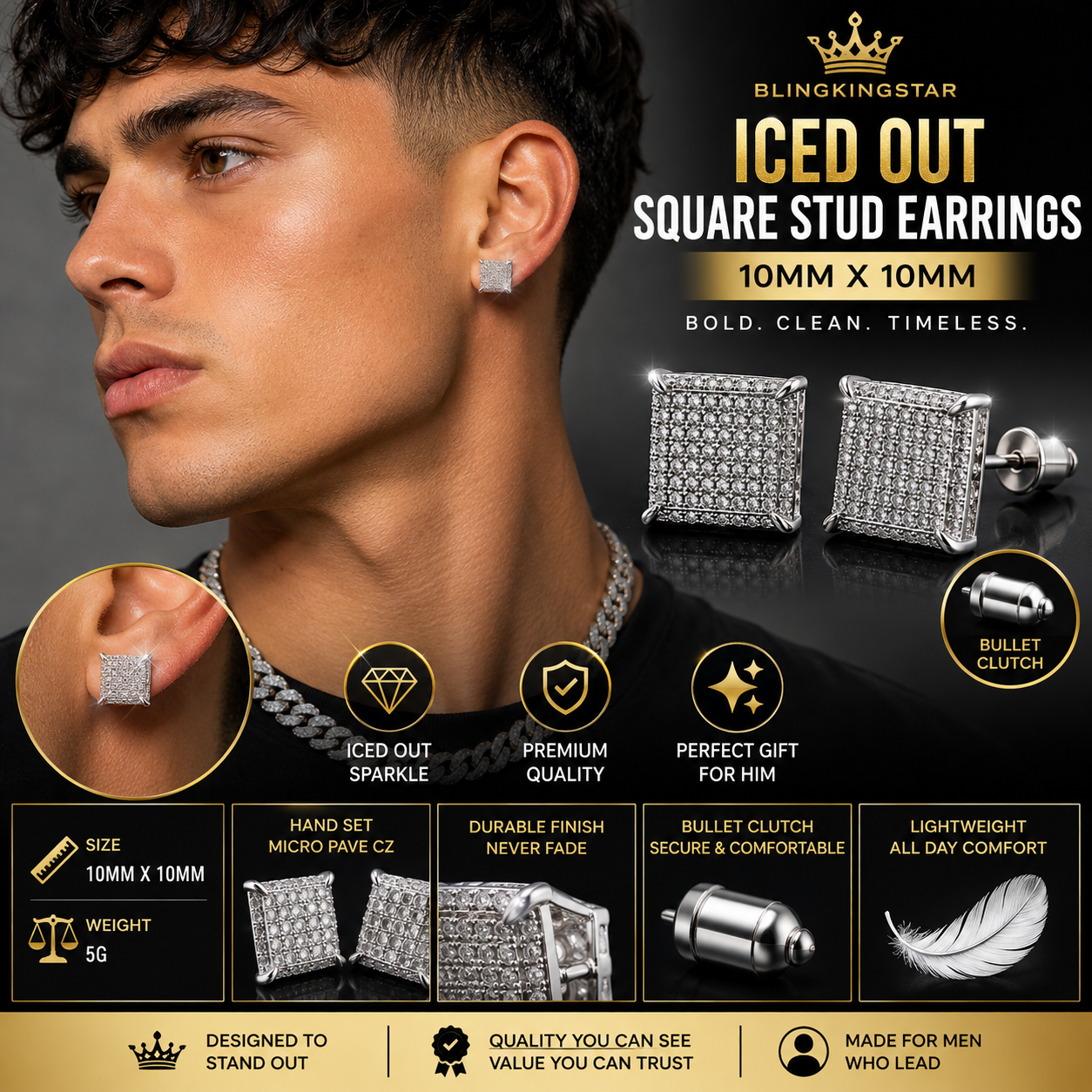 Hip Hop M Square Stud Earrings – AAA+ CZ Mounted Silver Iced Out Earrings for Men & Women | Fashion Jewelry