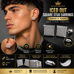 Hip Hop M Square Stud Earrings – AAA+ CZ Mounted Silver Iced Out Earrings for Men & Women | Fashion Jewelry