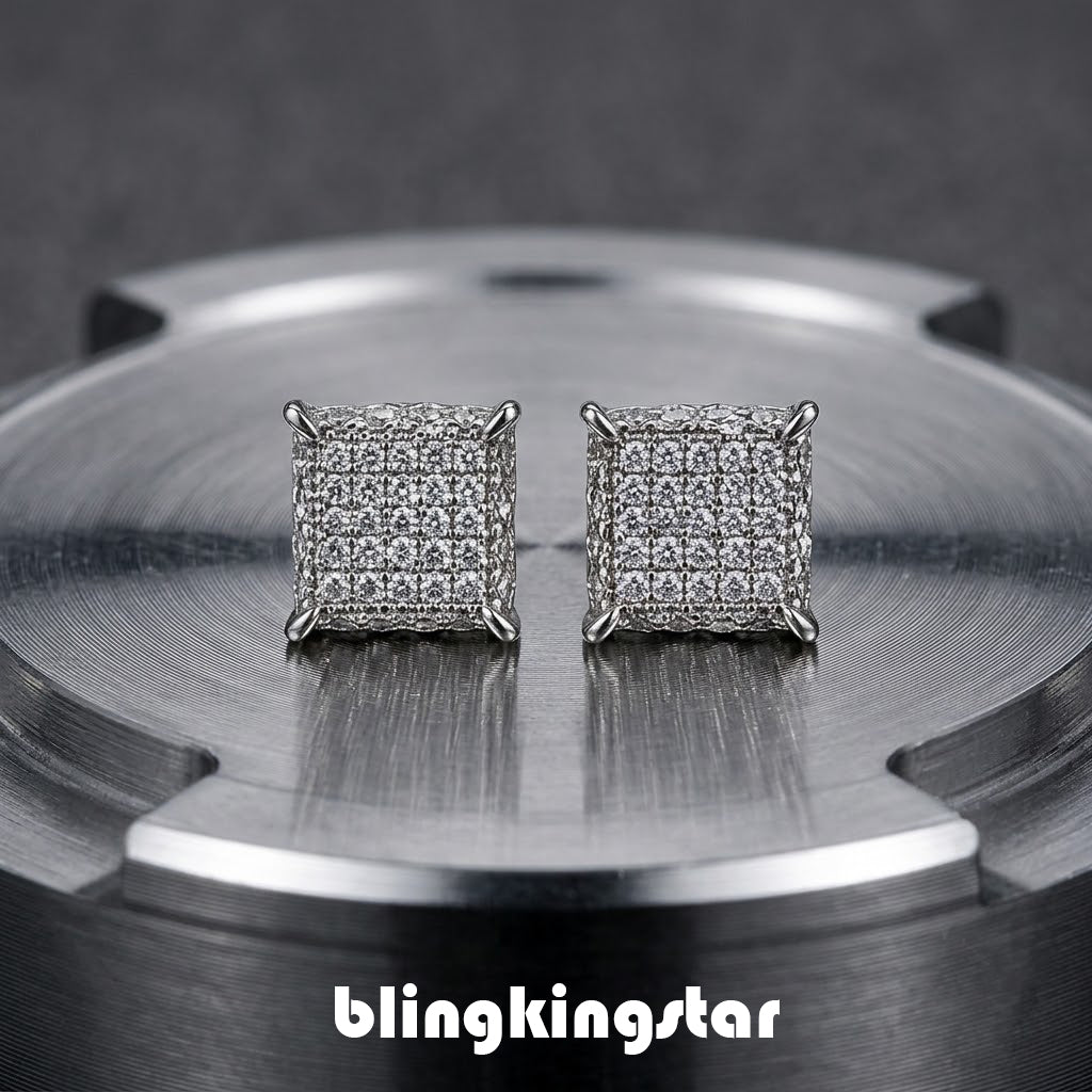 Hip Hop M Square Stud Earrings – AAA+ CZ Mounted Silver Iced Out Earrings for Men & Women | Fashion Jewelry