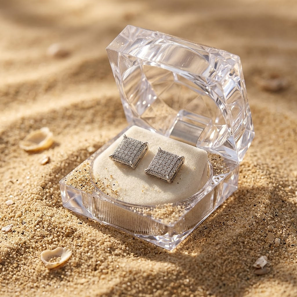 Hip Hop M Square Stud Earrings – AAA+ CZ Mounted Silver Iced Out Earrings for Men & Women | Fashion Jewelry