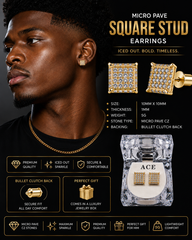 Hip Hop M Square Stud Earrings – AAA+ CZ Mounted Gold Iced Out Earrings for Men & Women | Fashion Jewelry