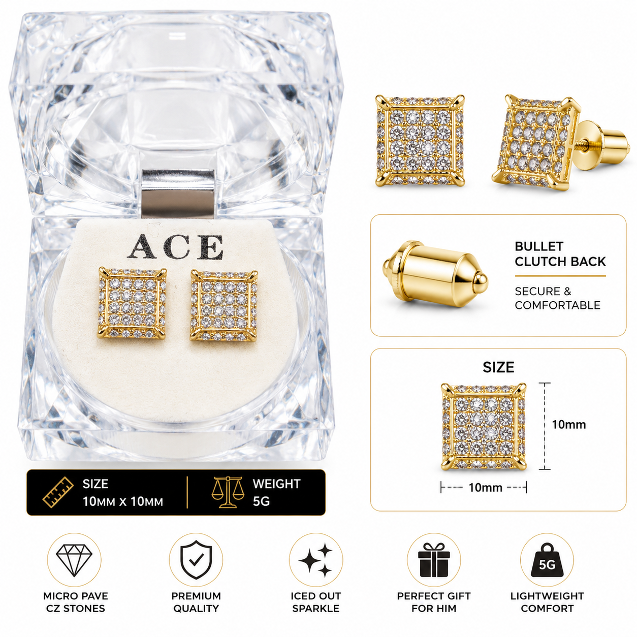 Hip Hop M Square Stud Earrings – AAA+ CZ Mounted Gold Iced Out Earrings for Men & Women | Fashion Jewelry