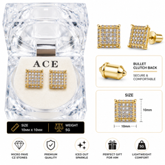 Hip Hop M Square Stud Earrings – AAA+ CZ Mounted Gold Iced Out Earrings for Men & Women | Fashion Jewelry