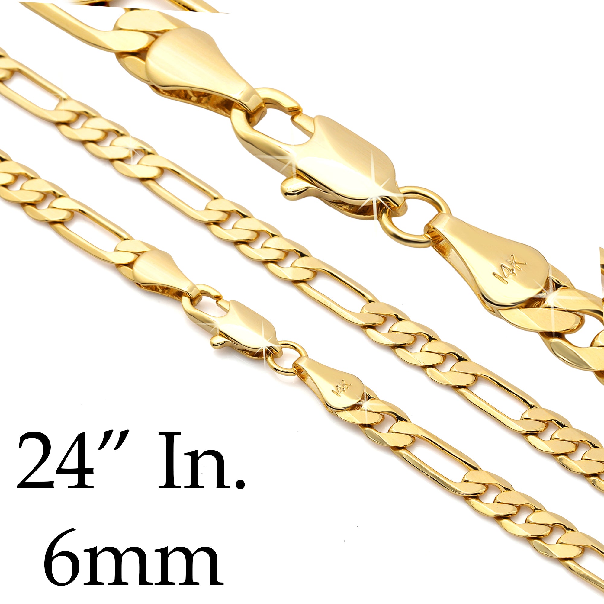 6 MM/24" FIGARO LINK CHAIN NECKLACE 14K REAL GOLD FILLED
