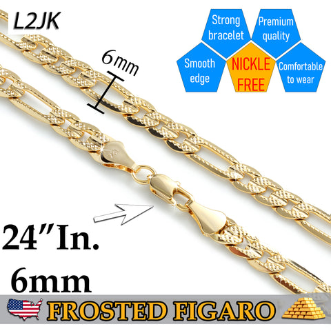 Frosted 6 MM/24" FIGARO LINK CHAIN NECKLACE SLIM 14K REAL GOLD FILLED