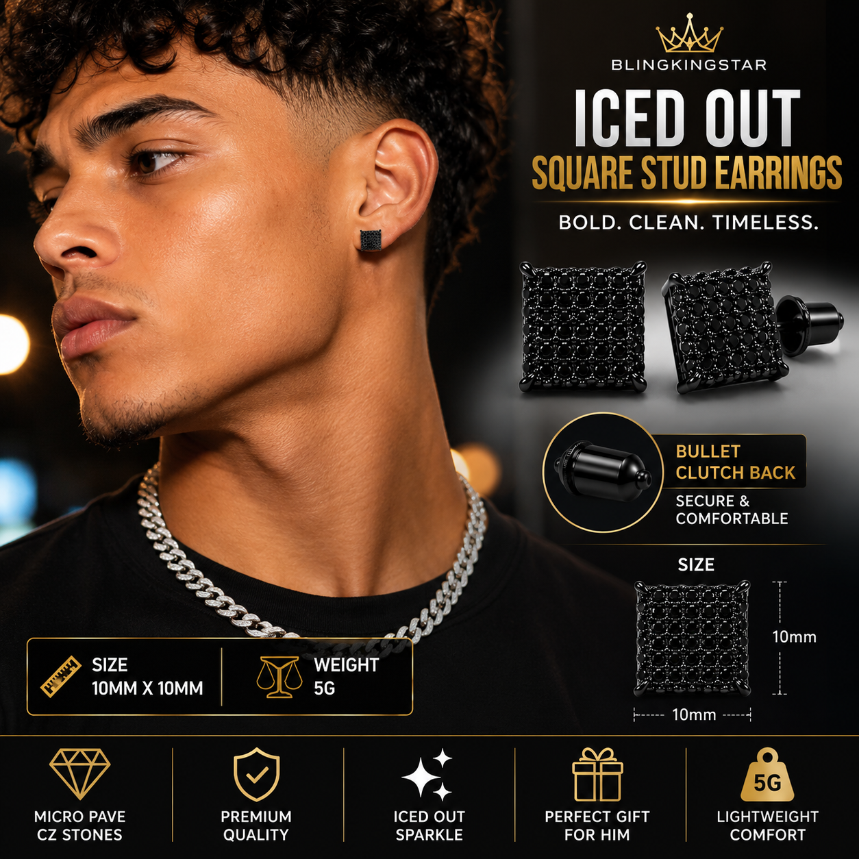 Hip Hop M Square Stud Earrings – AAA+ CZ Mounted Black Iced Out Earrings for Men & Women | Fashion Jewelry